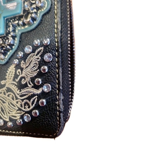 Western Turquoise Cross Studded Wristlet Wallet Black Embroidered Cowgirl Clutch - Picture 7 of 10